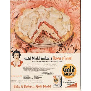 1956 Gold Medal Flour Strawberry Pie Vintage Print Ad Baked Alaska Betty Crocker